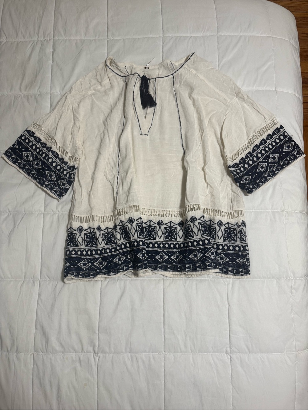Free People Cream Tunic with Navy Embroidery
